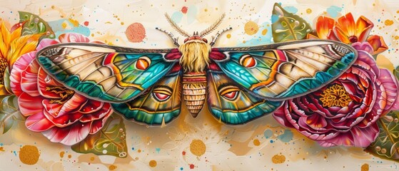 Fototapeta premium Close-up of a vibrant, iridescent insect with intricate patterns on its wings, perched on a delicate flower.