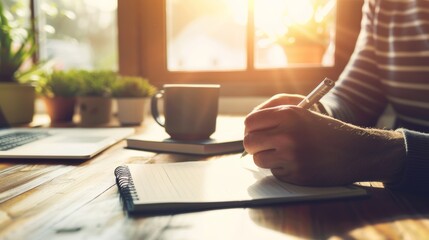 Bible study at desk, home, and for faith, knowledge, or spiritual guidance. Individual, notebook, and religious literature on table for house worship, tranquility, or holy spirit connection.