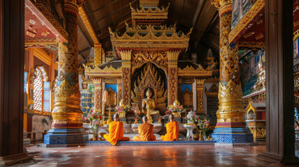 Fototapeta premium A serene scene at Wat Ban Den, with monks performing morning prayers amidst the beautifully decorated shrines