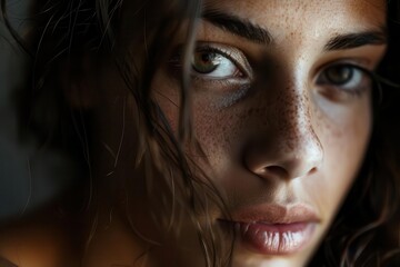 emotive closeup portrait of a womans face capturing a complex mix of emotions dramatic lighting emphasizes the contours of her features and the depth of her expression