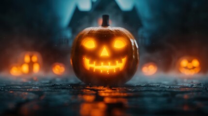 Obraz premium Spooky haunted house with glowing pumpkins and a full moon creating a terrifying Halloween night background close up, vibrant, overlay, graveyard backdrop