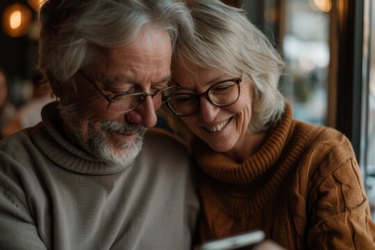 Happy, loving senior couple perusing social media on phone in coffee shop. Happiness, smiling, and elderly guy and lady reading blog on website or smartphone surfing internet.