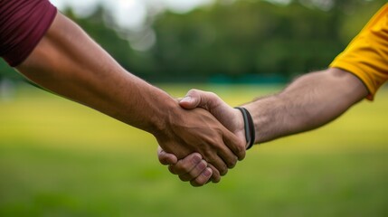 Shake, rugby team, men's challenge, workout, outdoor sports cooperation. Athletes shaking hands in agreement, introduction, thank you, welcome, or teamwork
