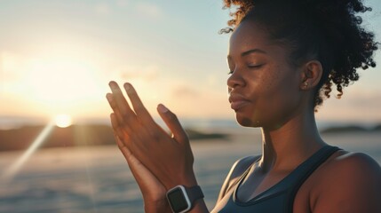 For spiritual balance, health, and chakra energy healing, beach flare and yoga girl meditate. Namaste, nature sunset, and zen-minded black woman training