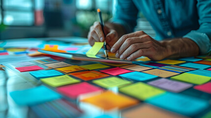 Obraz premium Photo Realistic of Person Collaborating on Project with Sticky Notes and Tablet for Creative Teamwork and Space for Writing Stock Photo Concept