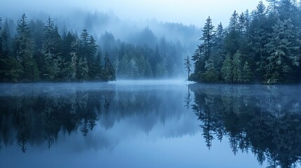 Serene Misty Forest Reflected on Calm Lake