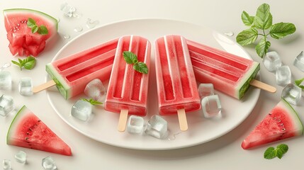 Watermelon Pops with Mint. A plate of watermelons, mint leaves, and ice cubes on the side.