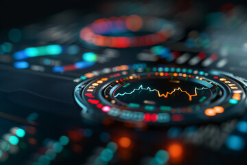Obraz premium Close-up of futuristic digital dashboard with data visualization in vibrant colors, symbolizing technology and innovation.
