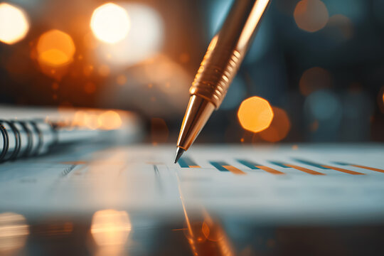 Close-up of a pen writing on paper with chart, warm bokeh lights in the background, signifying data analysis and business strategy.