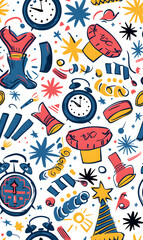 2D illustrated New Year card in a cute graphic style seamless pattern.