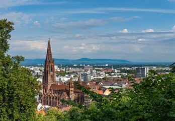 Fototapeta premium Scenic view of Freiburg Cathedral surrounded by buildings and greenery under a blue sky