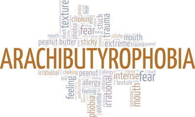 Arachibutyrophobia: Fear of Peanut Butter word cloud conceptual design isolated on white background.