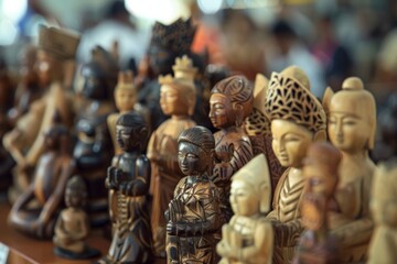 Fototapeta premium A display of intricately carved wooden figurines representing the cultural diversity of [Country]'s Unity Day. 