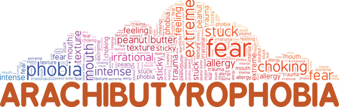 Arachibutyrophobia: Fear of Peanut Butter word cloud conceptual design isolated on white background.