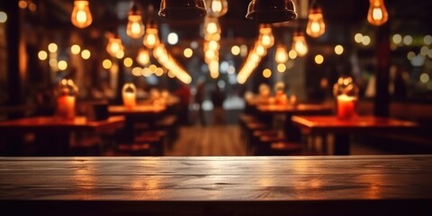 Fototapeta premium Empty Wooden Table in a Warmly Lit Restaurant