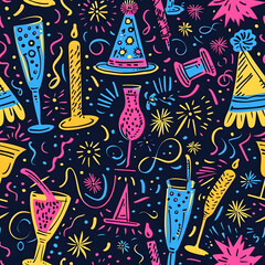 2D illustrated New Year card in a cute graphic style seamless pattern.