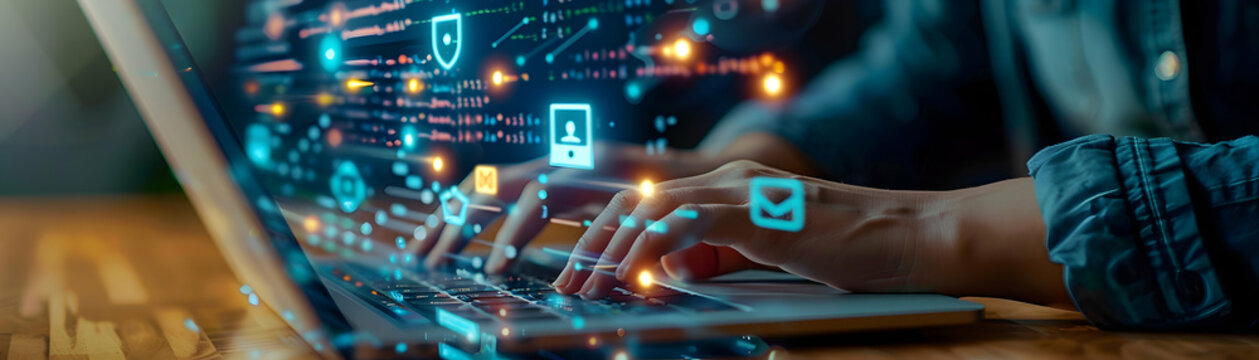 Photo Realistic Person with Laptop and PPC Icons for Pay Per Click Marketing Strategy, Copy Space, Adobe Stock Photo Concept