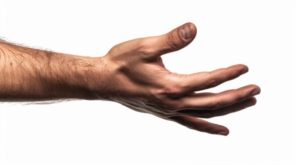 A man's hand extended, possibly in an act of grabbing or helping, with some unknown object or person