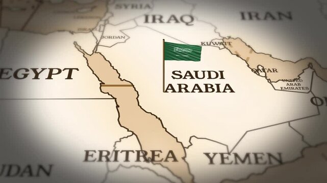 Saudi Arabia flag showing on world map with 3D rendering