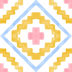 Hand drawn Ikat geometric colorful ornament arrangement Tribal ethnic texture. Seamless pattern in Aztec style.