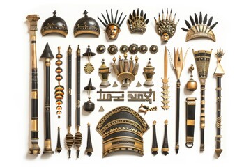 Intricately designed metalwork and ceremonial headdresses adorn the scene, commemorating Sudan's National Day with bold lettering. The arrangement exudes a sense of cultural pride and festive spirit.