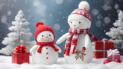 Fototapeta premium Christmas Gift And Snow Doll In Winter Background 