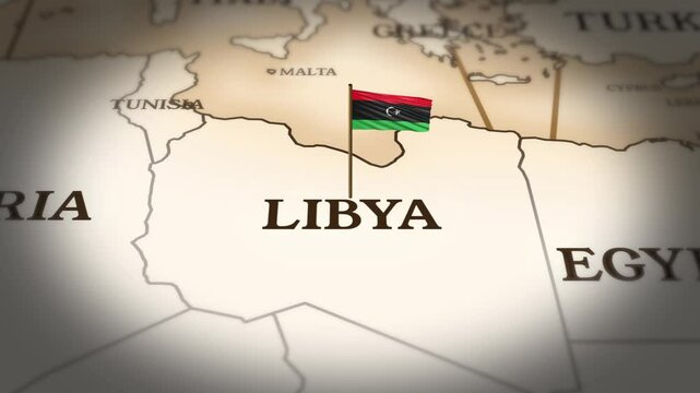 Libya flag showing on world map with 3D rendering