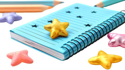 Homework assignment notebook with a star, back to school supplies, academic excellence and encouragement, education and learning tools, png file, isolated on white