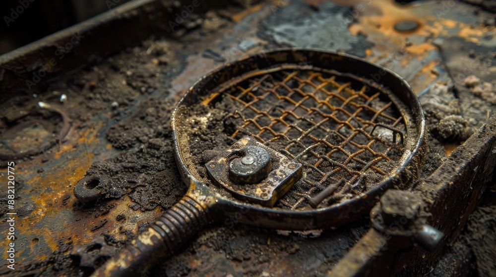 Fototapete aged rusty device produces dusty neglected bulky mechanical characters symbols racket