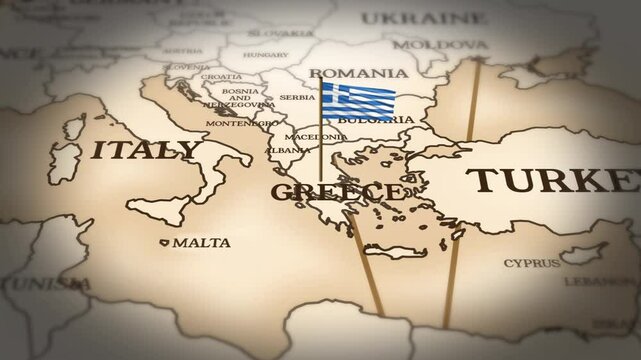 Greece flag showing on world map with 3D rendering