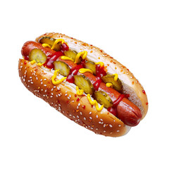 Hot dog with ketchup, mustard and pickles isolated on transparent background, png.