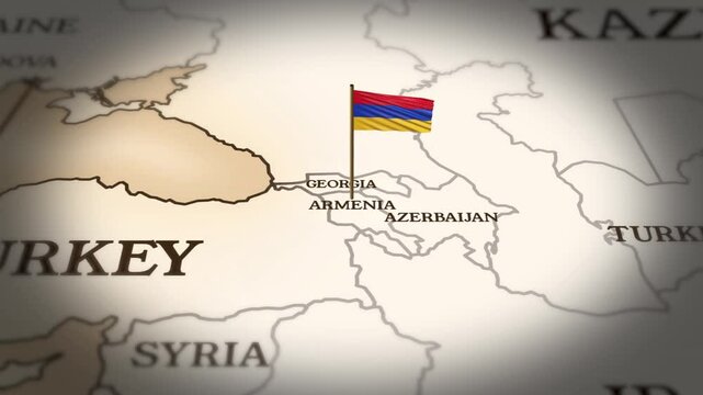 Armenia flag showing on world map with 3D rendering
