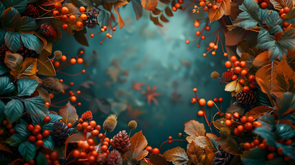 Fall Foliage and Berries Wreath for Thanksgiving Decor with Copy Space   Realistic Photo Stock Concept