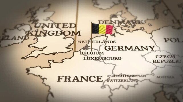 Belgium flag showing on world map with 3D rendering