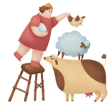 Farm anial and woman working together on a goal