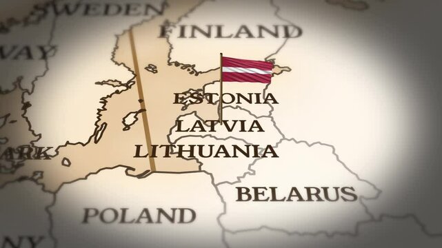 Latvia flag showing on world map with 3D rendering