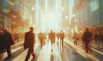 Long exposure shot of crowd of business people walking in bright office lobby fast moving with blurry