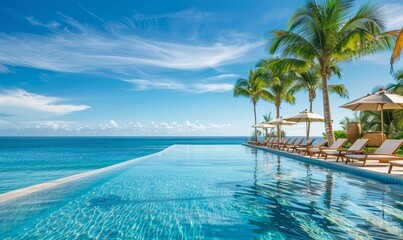Luxurious swimming pool and loungers umbrellas near beach and sea with palm trees and blue sky