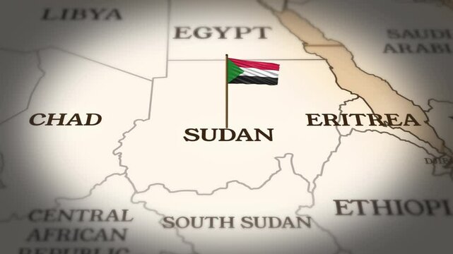 Sudan flag showing on world map with 3D rendering