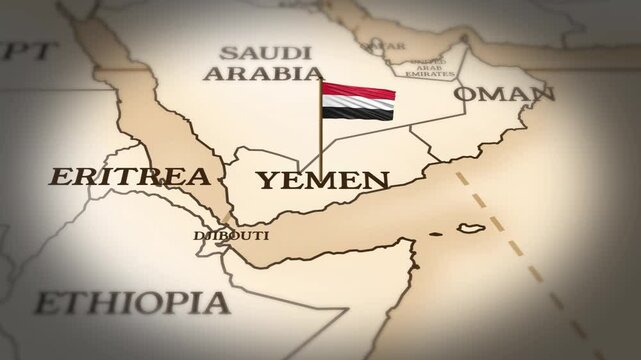 Yemen flag showing on world map with 3D rendering
