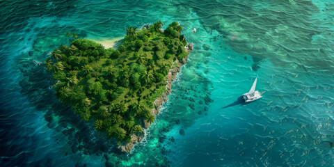 Heart Shaped Tropical Island with Sailboat in Turquoise Ocean