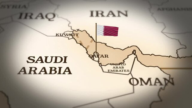 Qatar flag showing on world map with 3D rendering