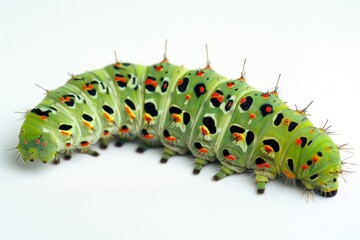 A close-up view of a small green caterpillar butterfly with distinctive black spots on its wings
