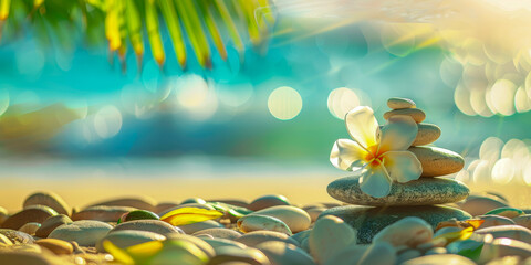 Tranquil Beach Scene with Smooth Stones and Frangipani Flower in Serene Tropical Setting