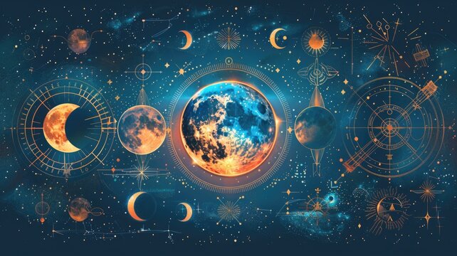 Series of images for a monthly astrological calendar, each month featuring a specific celestial event