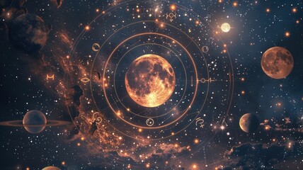 Series of images for a monthly astrological calendar, each month featuring a specific celestial event