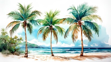 Watercolor painting of palm trees under the summer sun. Illustration of palm trees on the beach with ocean sea. Background for prints and banners on the theme of Summer travel.