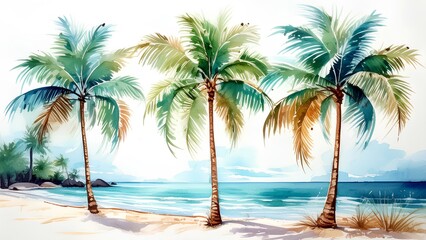 Watercolor painting of palm trees under the summer sun. Illustration of palm trees on the beach with ocean sea. Background for prints and banners on the theme of Summer travel.