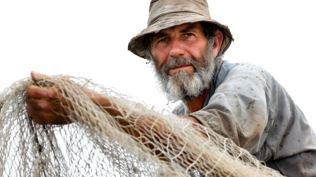 Fisherman with net, Labor Day tribute to traditional work, hardworking laborer at sea, fishing industry representation, png file, isolated on white