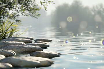 Tranquil Water Surface with Sunlight Reflections at Sunset